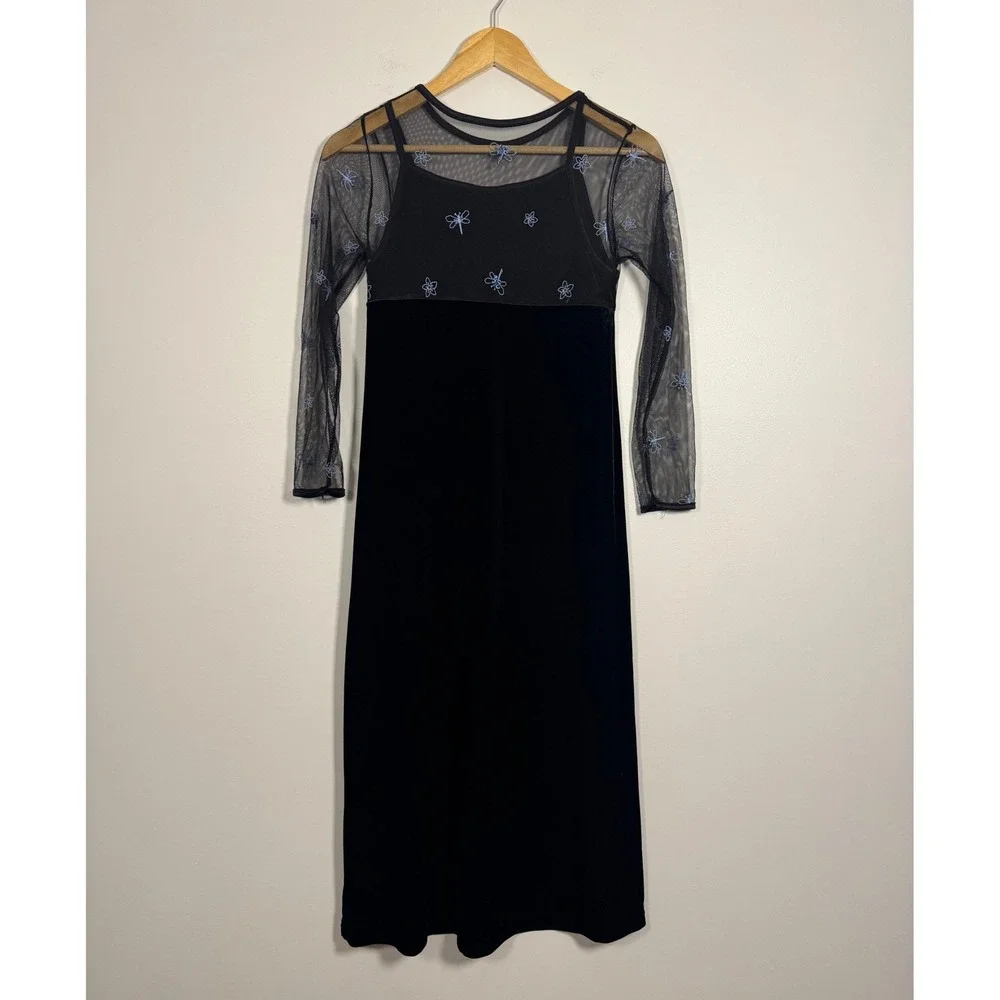 Dragonfly American Girl Kids Size 12 Maxi Dress Black Velvet Mesh Blue Floral‎